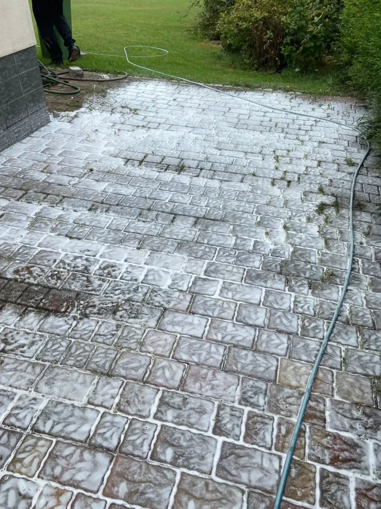 Jastrzębie-Zdrój – czyszczenie kostki brukowej przy garażu (35 m²) – przed